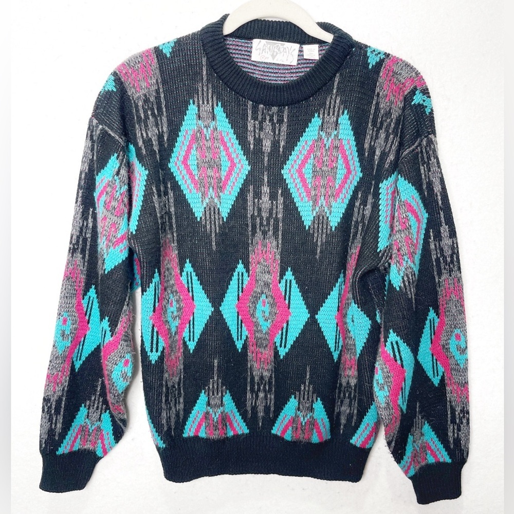 Vintage Saturdays Aztec Eclectic Grandpa Sweater Teal Fuchsia Black Size Small